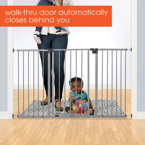 Secure Space Extra Wide Kid Safe Baby And Pet Gate For Doorways And Stairs Fits Openings From Twenty Eight And A Half Inches To Fifty Two Inches Wide Thirty Inches Tall Pressure Or Hardware Mounted Auto Close And Hold Open Grey shown in doorway with child sitting inside