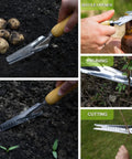 Five In One Hand Weeder Puller Tool for garden shown in use: digging, bottle opening, pruning, transplanting, and cutting.