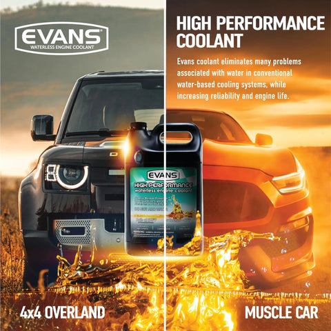 Top Shelf Waterless Engine Coolant One Gallon next to 4x4 and muscle car, designed for high performance and reliability.
