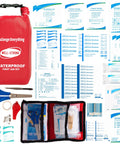 WELL-STRONG waterproof first aid kit roll-top red bag with assorted medical supplies and mesh pouch