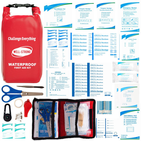 WELL-STRONG waterproof first aid kit roll-top red bag with assorted medical supplies and mesh pouch