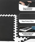 Interlocking EVA Foam Tile Mats 4-Pack For 16 Sq Ft Of Cushioned Flooring, shown with installation and support details