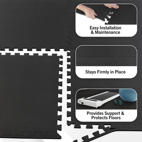 Interlocking EVA Foam Tile Mats 4-Pack For 16 Sq Ft Of Cushioned Flooring, shown with installation and support details