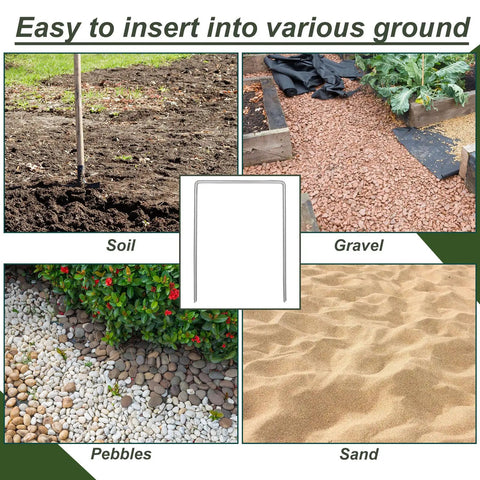 Built Tough 50 Pack Heavy Duty Landscape Staples used on soil, gravel, pebbles, and sand for securing garden materials.
