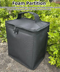 Rugged Camping Fuel Cylinder Carrier Bag for Gas Tanks and Gear, waterproof black Oxford cloth with zipper and handle.