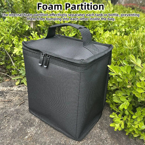 Rugged Camping Fuel Cylinder Carrier Bag for Gas Tanks and Gear, waterproof black Oxford cloth with zipper and handle.