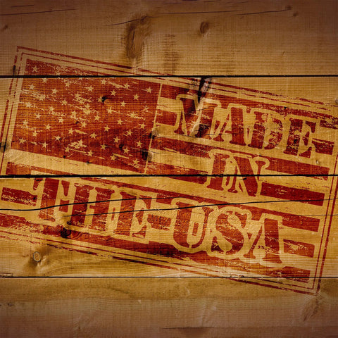 Wooden plank stamped with 'Made in the USA' over a faded American flag background design.