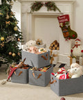 Closet Storage Bins 4 Pack Large Dark Gray Organizer Baskets by Christmas tree filled with toys and holiday decorations