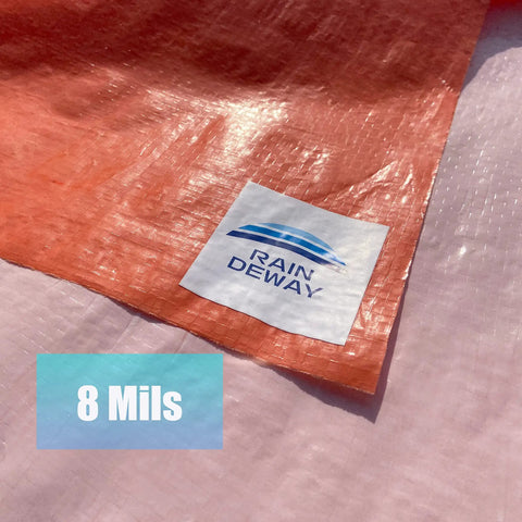 Heavy Duty Waterproof Poly Tarp Eight Mil Thick 10x100 Feet With UV Proof Shield, orange tarp detail, Rain Deway label visible.