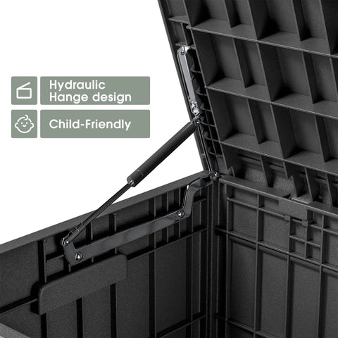 Hydraulic hinge detail on 82 Gallon Resin Outdoor Storage Box All Weather Deck Box For Patio Furniture Toys Garden Tools Lockable Black