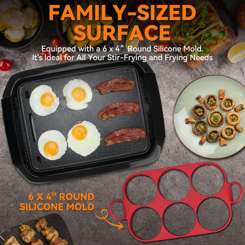 Bakers Friend 2 In 1 Electric Indoor Griddle And Grill With Reversible Non Stick Plate Silicone Mold cooking eggs and bacon on griddle.