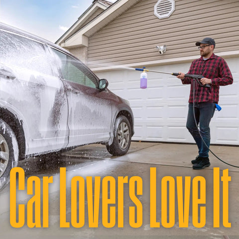 Man using Pro Foam Cannon For Pressure Washers With 3600 Max PSI 1/4 Inch Connector For Gas And Electric Washers Delivers Thick Snow Foam For Car Detailing Home Exterior And Deck Cleaning to wash car