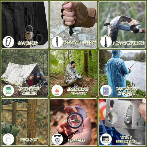 All Terrain Survival Gear Kit With First Aid Supplies And Tactical Crossbody Bag showcasing emergency tools and outdoor gear