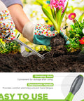 Weed Puller Tool With Metal Leverage Base And V Shaped Fork removing weeds from flower bed, ergonomic soft handle visible.