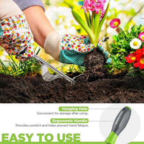 Weed Puller Tool With Metal Leverage Base And V Shaped Fork removing weeds from flower bed, ergonomic soft handle visible.