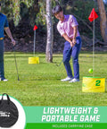 Yard Links Backyard Golf Game Outdoor Chipping Set For Family Fun And Your Crew Easy To Learn On The Lawn Beach Or Park Build A 3 Hole Course Includes 3 Buckets 3 Flags 3 Tee Markers 4 Golf Balls Scorecard And Carry Case, two players on lawn