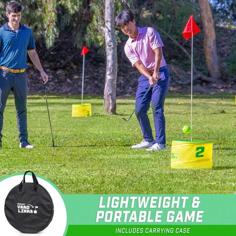 Yard Links Backyard Golf Game Outdoor Chipping Set For Family Fun And Your Crew Easy To Learn On The Lawn Beach Or Park Build A 3 Hole Course Includes 3 Buckets 3 Flags 3 Tee Markers 4 Golf Balls Scorecard And Carry Case, two players on lawn