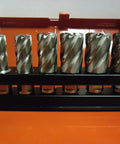 Heavy Hitter Magnetic Drill With One Inch Annular Cutter Set And Built In Broach 1200W Portable steel hole saws in storage case.
