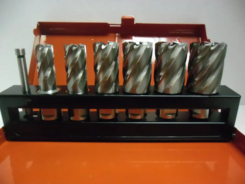 Heavy Hitter Magnetic Drill With One Inch Annular Cutter Set And Built In Broach 1200W Portable steel hole saws in storage case.