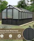 8x16 Ft Cedar Wood Greenhouse Kit With Lockable Door And Vent Window, black outdoor walk-in greenhouse for plants in backyard