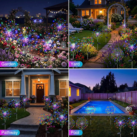Solar Powered Outdoor Fairy Lights With 8 Modes And 120 Led Firework Effect Multicolor For Garden Yard Path Pool Patio Waterproof Decor Lit Christmas Glow around garden, yard, path, and pool