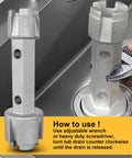 Dual End Drain Removal Wrench For Bathtubs And Showers Heavy Duty Aluminum tool shown in use on bathtub drain