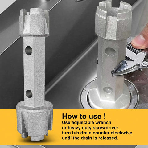 Dual End Drain Removal Wrench For Bathtubs And Showers Heavy Duty Aluminum tool shown in use on bathtub drain