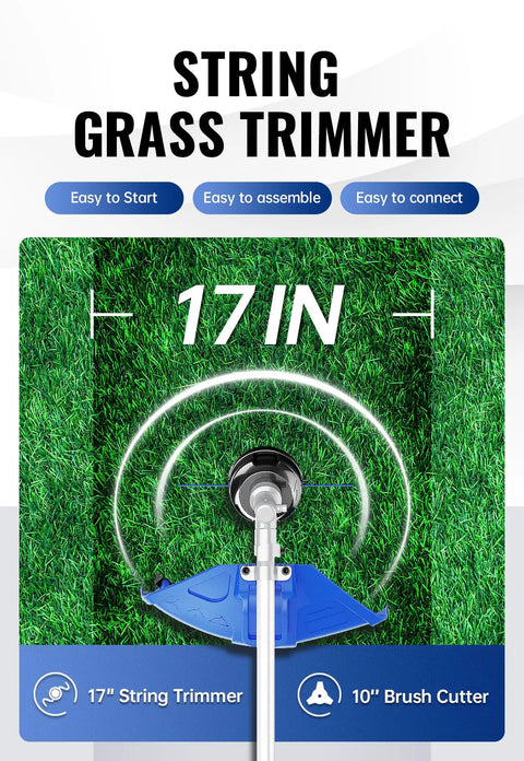 Gas Powered 26cc Weed Wacker 3 In 1 String Trimmer Edger With 10 Inch Brush Cutter And 17 Inch Cutting Width shown on grass.