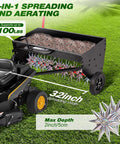 Lawn mower towing 40 Inch Tow Behind Spiker Seeder Combo Aerator And Spreader For Lawn Care on grass field
