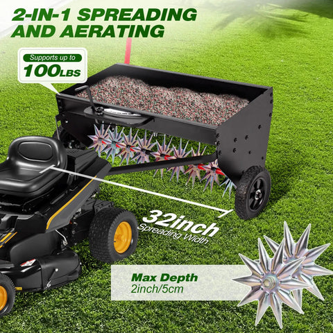 Lawn mower towing 40 Inch Tow Behind Spiker Seeder Combo Aerator And Spreader For Lawn Care on grass field