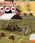 Heavy Duty Metal Chicken Coop With Waterproof And Anti UV Cover No Fuss Portable Chicken Run For Yard Poultry Cage Hen House For Backyard Farm Use 86 Inch Long By 40 Inch Wide By 40 Inch High Rust Resistant Epoxy Coated Frame Ground Nails Included shown outdoors on grass with chickens inside