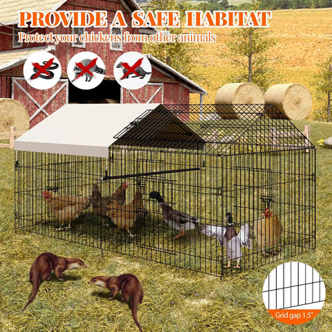 Heavy Duty Metal Chicken Coop With Waterproof And Anti UV Cover No Fuss Portable Chicken Run For Yard Poultry Cage Hen House For Backyard Farm Use 86 Inch Long By 40 Inch Wide By 40 Inch High Rust Resistant Epoxy Coated Frame Ground Nails Included shown outdoors on grass with chickens inside