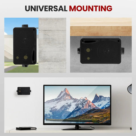 Three Way Indoor Outdoor Speaker System Pair with wall and ceiling mount options near TV, 3.5 inch woofer, 1200W max.