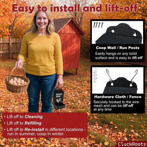 Woman holding eggs near a shed, showing Grit And Oyster Shell Feeder Combo No Spill Weatherproof Heavy Duty Design.