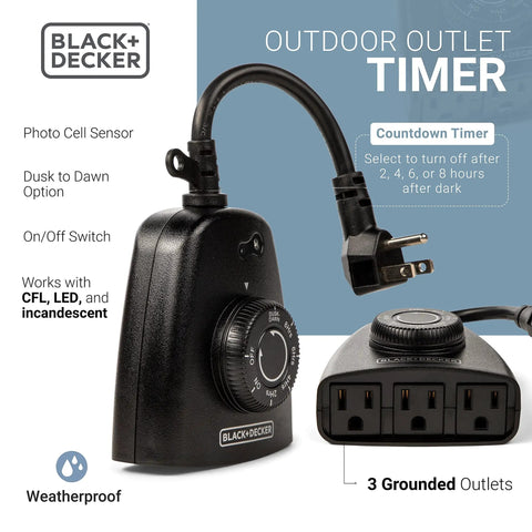 No Sweat Outdoor Timer With Three Grounded Outlets For Weatherproof Porch Lighting And Backyard Schedule Control Plug And Play Smooth Operator Setup, with built-in dusk to dawn settings.