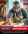 Man wearing OTG Safety Goggles Over Glasses With Anti Fog And Anti Scratch UV380 Lenses, ANSI Z87.1 Plus in woodworking shop