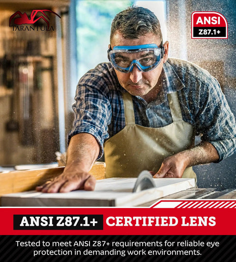 Man wearing OTG Safety Goggles Over Glasses With Anti Fog And Anti Scratch UV380 Lenses, ANSI Z87.1 Plus in woodworking shop
