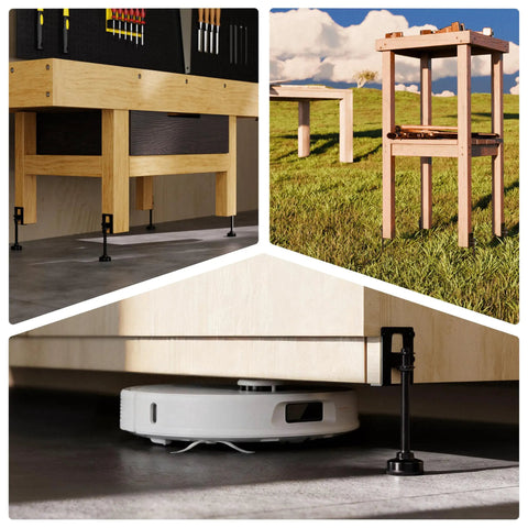 Collage showcasing Built Tough L Shaped Furniture Leveling Feet with adjustable height, used on wooden furniture and lifting for cleaning.