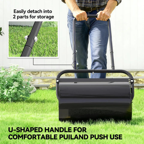 Person uses 20 Inch Push And Tow Behind Lawn Roller Filled With 10 Gallons Of Water Or Sand, Heavy Duty Yard Roller in garden, black