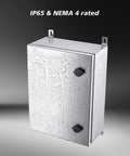 Tough As Nails IP65 Weatherproof Stainless Steel Wall Mount Electrical Enclosure Box With Mounting Plate And Wall Bracket 16 x 12 x 6 Inches NEMA 4 Rated For Indoor Outdoor Use, showing water droplets on surface.