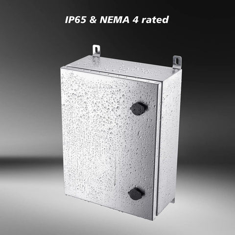 Tough As Nails IP65 Weatherproof Stainless Steel Wall Mount Electrical Enclosure Box With Mounting Plate And Wall Bracket 16 x 12 x 6 Inches NEMA 4 Rated For Indoor Outdoor Use, showing water droplets on surface.