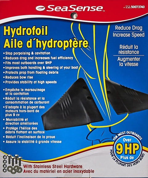 Plug And Play Boat Hydrofoil Upgrade for cavitation plate shown in packaging with SeaSense branding and installation details in multiple languages