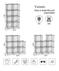 Three types of 8 Cube Wire Grid Storage Organizer Dope Modular Shelving System with dimensions, DIY label, and usage icons in black.