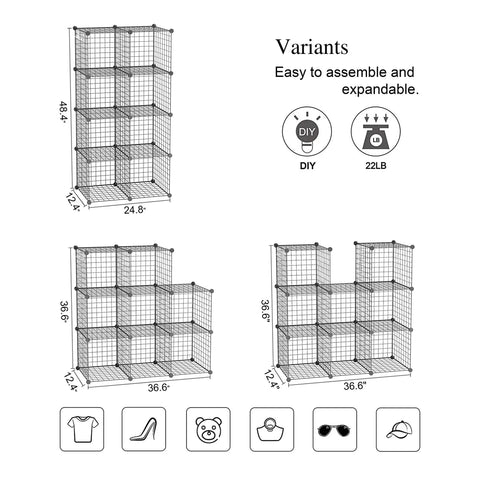 Three types of 8 Cube Wire Grid Storage Organizer Dope Modular Shelving System with dimensions, DIY label, and usage icons in black.