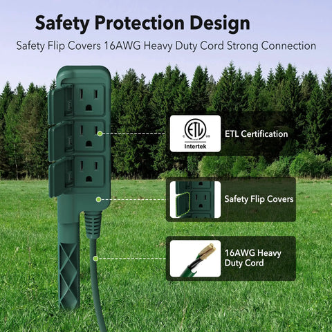 Outdoor Power Stake With 6 Foot Green Extension Cord, IP44 Waterproof, 3 Grounded Outlets With Protective Covers
