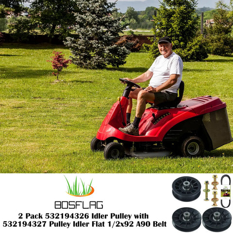 Person mowing lawn with red ride-on mower; Two Pack Pulley Set With Flat Idler Pulleys 532194326 And 532194327 displayed below.