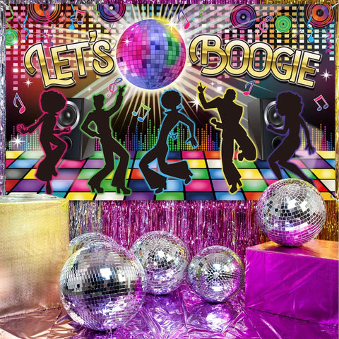 Disco Theme Photo Booth Backdrop Lets Boogie For 60s 70s 80s 90s Parties, Large Fabric Backdrop Banner, Neon Dancing Night Decor, Birthday Party Supplies, 72.8 X 43.3 Inches