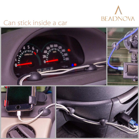 Collage showing 8 Pack Cable Clips For Car Desk PC And Home Office Easy Cord Organizer For Chargers USB Cables And Gizmos in use inside a car