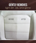 Before and after using VentRight Perforated Leather Cleaner And Conditioner For Car Seats And Interior Surfaces, showing deep clean effect