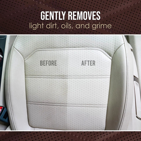 Before and after using VentRight Perforated Leather Cleaner And Conditioner For Car Seats And Interior Surfaces, showing deep clean effect